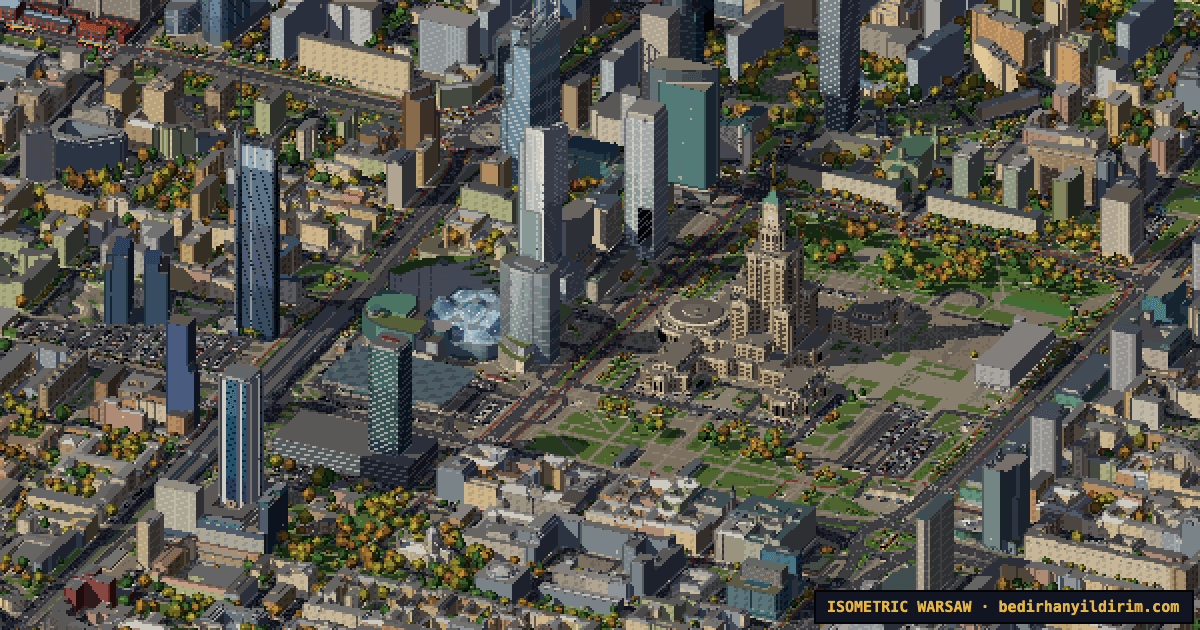 Izometryczna Warszawa — pikselowa mapa całego miasta