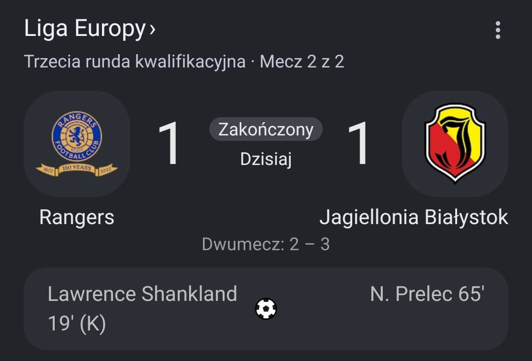 Jaga remisuje i zwycięża dwumecz z Rangers