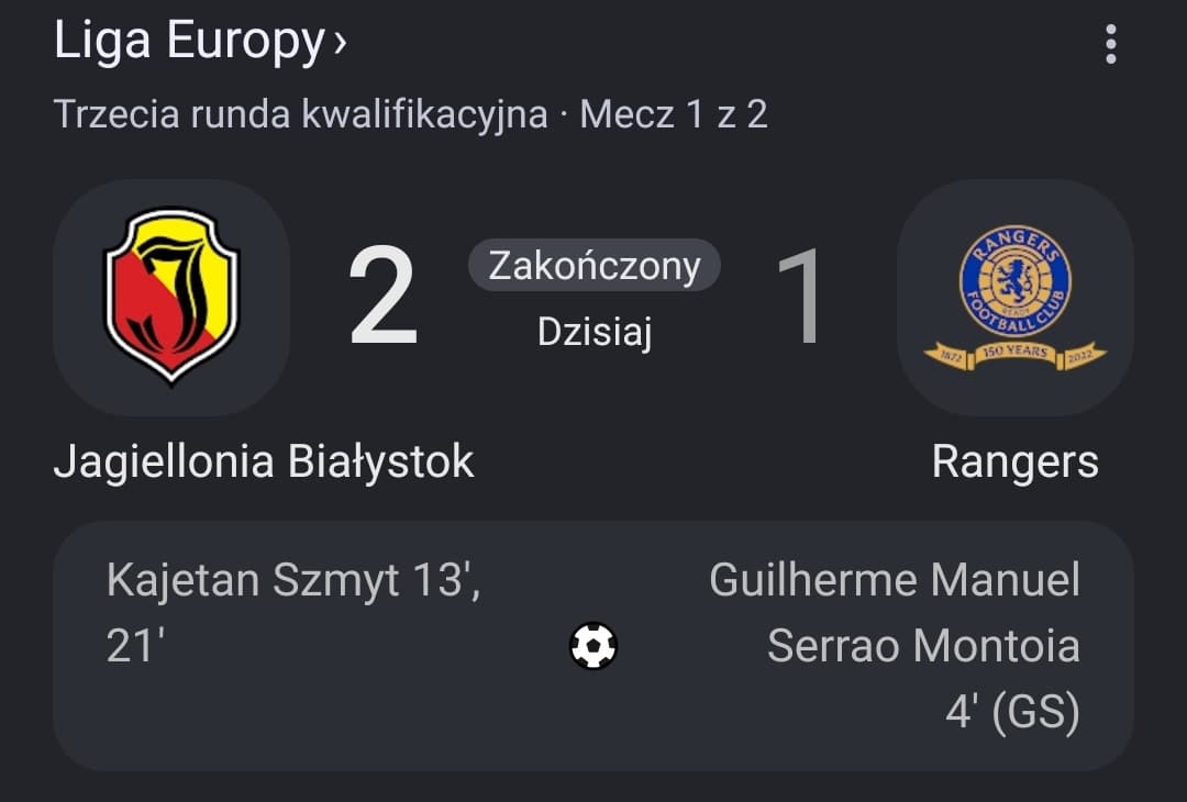 Jaga wygrywa z Rangersami, dublet Szmyta