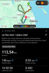 22 652,13 + 112,54 = 22 764,67 Piątkowy start w Ultramaratonie na dystansie 160 km. Start w piątek o 10.00 na Starym Rynku w Pucku, meta w Gdyni przy Stadionie Rugby. Niestety nie udało się ukończyć biegu, na ~112 km podjąłem decyzję o zejściu z trasy. Przy opisie biegu podzielę trasę na
