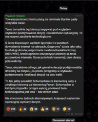 Rosjanie informują o problemach ze Starlinkiem na całej linii frontu. Brak informacji czy jest to chwilowy test czy stałe rozwiązanie wynikające ze współpracy SZU - SpaceX Niektórzy jak np. korespondent Separ_13 napisał "Musk cwel" a Gubariew niżej opisał skutki takiej sytuacji.