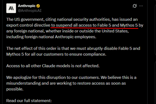 Rząd USA, powołując się na bezpieczeństwo narodowe, nakazał wstrzymać dostęp do modeli Fable 5 i Mythos 5