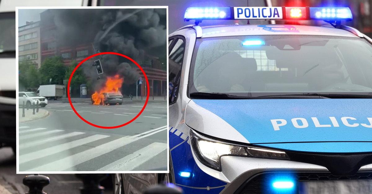 Samochód elektryczny spłonął na środku skrzyżowania w Warszawie.